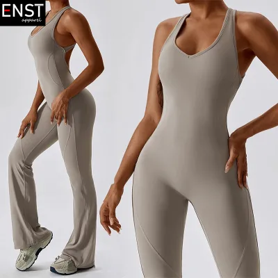 Custom Fitness Tummy Control Flared Pants Bodysuit Backless Seamless Jumpsuit Active Wear One Piece Yoga Jumpsuits Women