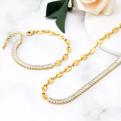 Fashion Women's AB Chain Pig-nose Style Chain Necklace square Zirconia Bracelet Stainless Steel Set Factory Wholesale