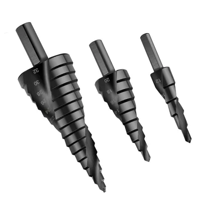 Spiral Step Drill Set for Hand Drills Triangular Shank Black Nitrided Multi-functional Stepped Drill Bits for Metal Drilling