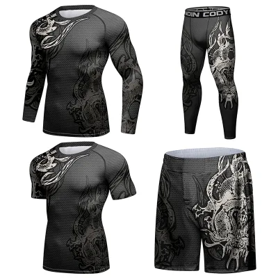 Gym Fitness Wear Men's 4 Piece Sets Customized Your Own Sublimation Printing Logo Graphic T Shirts Shorts Leggings Clothing