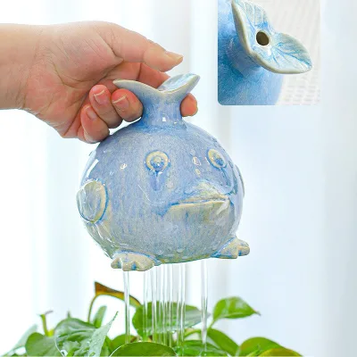 Cute Blue Ceramic Fish Plant Waterer Rain Effect Watering Can Unique Decorative Garden Accessories for Indoor Outdoor Houseplant