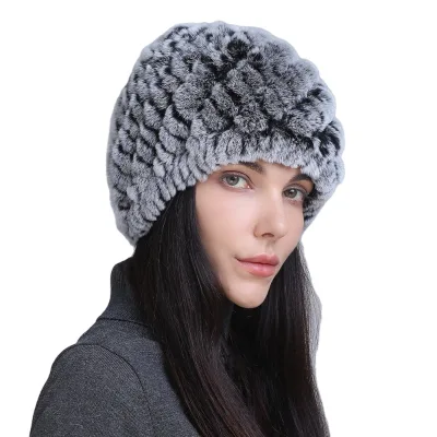 Cross-border Winter Women's Hand Embroidery Rex Rabbit Knitted Spiral Pineapple Hat Button Decoration 48-50cm Head Circumference