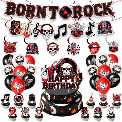 Rock Skull Party Decor Banner Bunting Balloons Hanging Swirl Cake Toppers Horror Music Party Supplies