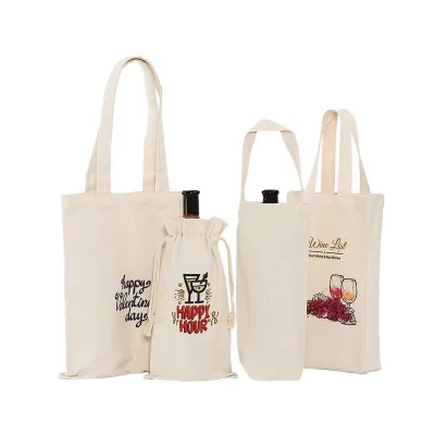 Custom Eco-friendly Folding Reusable Cotton Canvas Wine Carrying Bags with Handles Bottle Gift Tote Bag