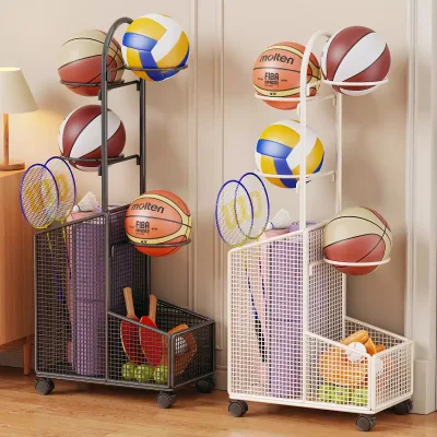 Iron Basketball Storage Rack Wheels for Home Indoor Use Easy Mobility Simple Ball Rack for Soccer/Volleyballs