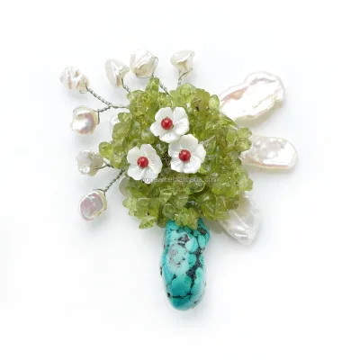BRH126 Flowers Designs Turquoise with Peridot Chips Stone and White Baroque Pearls Brooch