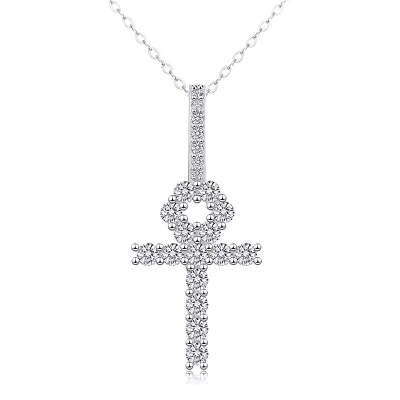 Full Diamond Zircon Retro Hip Hop 18K Gold Plated Moissanite 925 Sterling Silver Ankh Cross Pendant Necklace