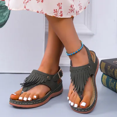 2022 New Summer Fashion Women Fringed Thong Wedge Sandals Female Massage Hollow Wedge Sandals