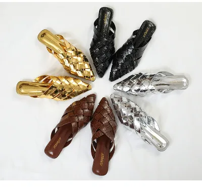 Women's Woven Slip On Mules, Pointed Toe Flat Slippers, Metallic Gold Silver Brown Black Summer Casual Slides Ladies Footwear