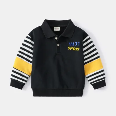 2023 Boys' Casual Autumn Jacket Trendy Striped Pullover with Turn-Down Collar Long Sleeve Sweatshirt for Spring Baby Stock