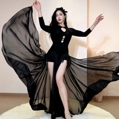 Women Hollow Out Long Sleeve Belly Dance Costume Professional Stage Competition Performance Outfit Festival Rave Dancewear