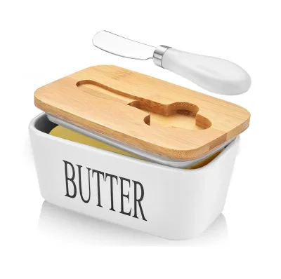 Custom High Quality Kitchen Accessory Porcelain Ceramic Butter Dish with Bamboo Lid and Knife