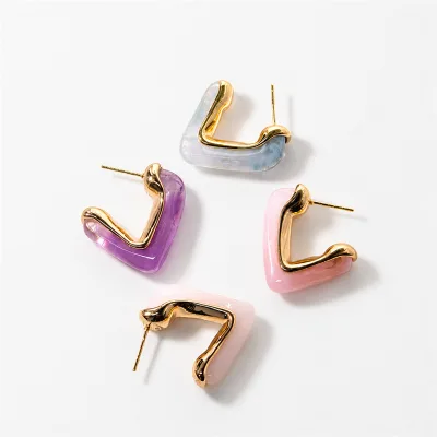 Fashion Geometric Waterproof Light Luxury Colorful Resin Gold Plated Stud Earring Stainless Steel V Shaped Women Fine Jewelry