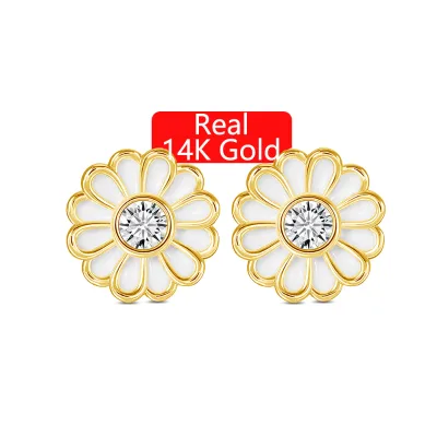 Fine Jewellery Woman Girl Gift 0.3 Carat Moissanite White Enamel Color Hollow 14K Gold Small Daisy Stud Earrings