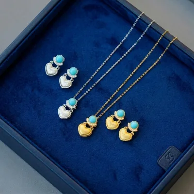 Aimgal Tibetan Turquoise Heart Earrings & Necklace Set S925 Silver, Brushed Finish Luxury Vintage Gift for Women
