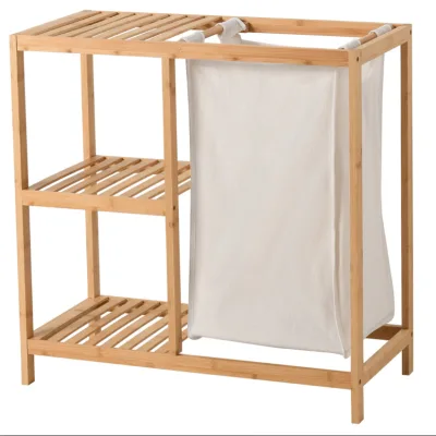 Bathroom Shelf With Removable Laundry Hamper, 3 Tiers Pen Bamboo Shelving