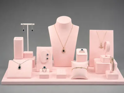 Modern Gold Metal Microfiber Jewelry Display Set Countertop Necklace Ring Holder for Boutique Window