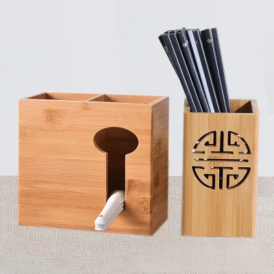 Customizable Bamboo Chopstick Holder with Double Compartment Hollow Design Restaurant Kitchen Tableware Storage Spoon Organizer