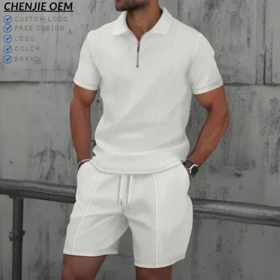 Waffle Knit Men's Short Set Custom Logo Quarter Zip Polo Set Plain Blank Luxury Casual Summer Short Set Casual Vintage Short Set