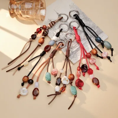 Handmade Vintage Woven PU Leather Rope Keychain Bohemian Beaded Durable Eco-Friendly Bag Charm Acrylic Pendant Women Purse