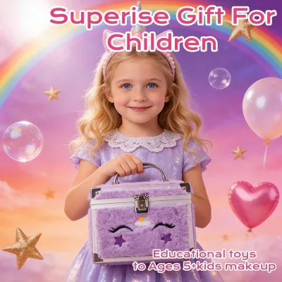 Kids Makeup Kit for Girls, Washable Non-Toxic Pretend Cosmetic Set with Plush Unicorn Handbag, Real Play Makeup Toys for Girls