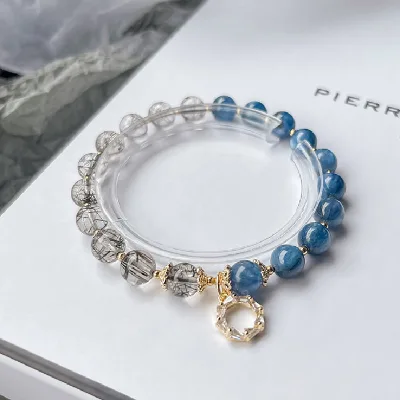 Natural Blue Crystal Bracelet for Women Ins Simple Round Beads a String of Beads Handmade DIY Black Hair Crystal Bracelet