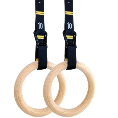 Stylish Durable Birch Wood Gymnastics Aerial Rings Adjustable Straps Gymnastics Rings