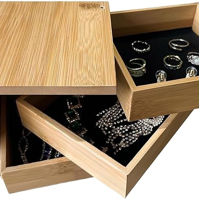 Bamboo Organizer Box, 3 Layers Rotatable Jewelry Storage Organizer, Decorative Storage Box