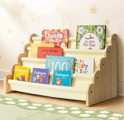 High Quality Modern 4-Tier Montessori Front-Facing Book Storage Display Scalloped Kids Wooden Bookshelf