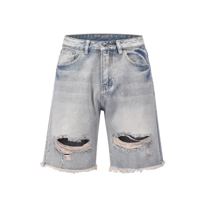 Custom Y2K High Quality Shorts Washed Hole Ripped Denim Shorts Mens Jeans Shorts with Tassel