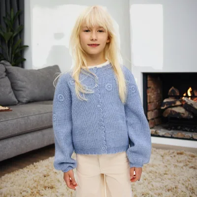 Custom Computer Knitted 100% Cotton Pullover O-Neck Single Button Soft Eco-Friendly Scallop Edge Cardigan for Girls Winter Kids