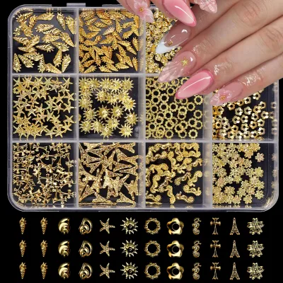 2026 Hot Sale 12 Grids Nail Art Decoration Sea Style Punk Metal Gold Silver 3D Sea Star Heart Nail Charms