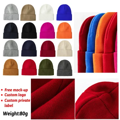 Winter Warm Luxury Solid Color 80g Heavy Duty Thick Custom logo Knitted Skull Cap Beanie Hat for Men and Women