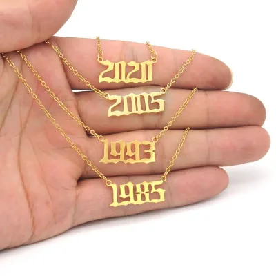 Factory Birthday Gift Stainless Steel 18K Gold Year 1980~2025 Pendant Chain Necklace Year of Birth Charm Necklace for Women