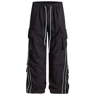 OEM Wholesale High Waist Casual Nylon Track Pants Sport Straight Baggy Parachute Side Fluorescent Striped 100% Nylon Men