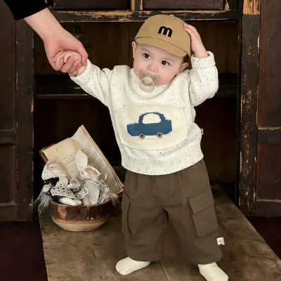 Korean Style Baby Clothes Spring Outfit Boy's Set Cartoon Acrylic Knitted Top Newborn Sweater Two-Piece Set with Trousers