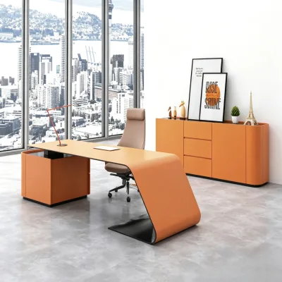 Modern Orange L Shaped Office Desk Curved Boss Table for Executive Administrative Manager Office Furniture with Large Storage