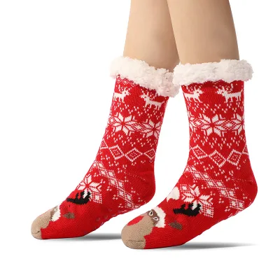 USSE Unisex Christmas Cartoon Knitted Cotton Socks Warm Cozy Fluffy Breathable Anti-Bacterial Fleece Lined Indoor Slipper for