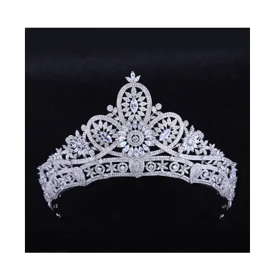 Fashion Luxury Zirconia Full Paved Crown Bride Crown Hair Accessories Rhodium Plated Tiara for Girls