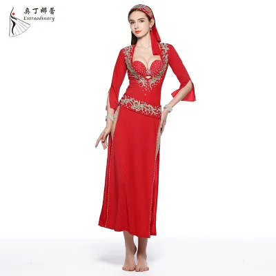 Women Professional Belly Dancing Dress+belt+headscarf Suits Baladi Ballroom Dance Dresses Woman Adult