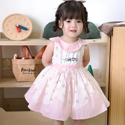 Skin Friendly Floral Embroidery Jacquard Sleeveless a Line Hem Birthday Occasion Custom Size Children Party Dress