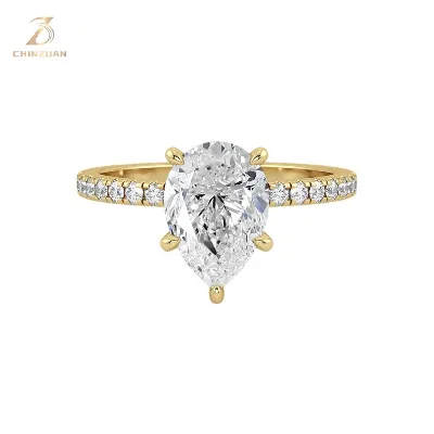 Custom 14K Yellow Gold Lab Grown Diamond IGI Certified 2 CT Pear Cut Hidden Halo Diamond Engagement Ring