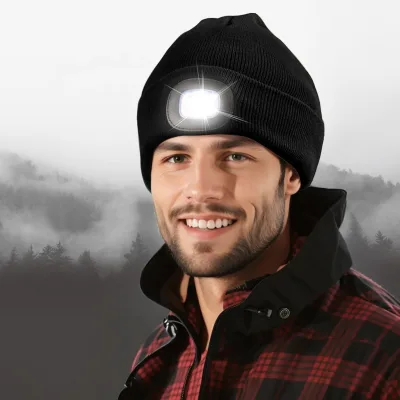 Wholesale Hand Free Headlights Headlamps Head Lamp Usb Rechargeable Outdoor Led Light Beanie Hats & Caps with Led Light