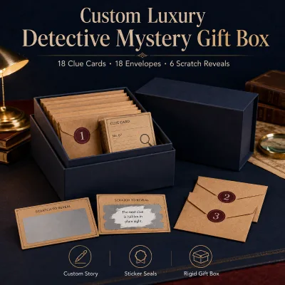 Custom Luxury Detective Scratch Off Mystery Game Gift Box with Clue Cards Envelopes and Sticker Seals for Party Brands
