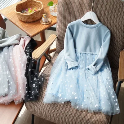 2024 Cotton Baby Dress Girls 1 Years Snow Sequins Baby Girl Long Sleeve Dress Casual Kids Girl Dress