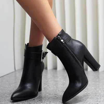 Retro Plus Size 48 Women Ankle Short Boots Metal Buckle Block Heels Shoes Pointy Toe Shoes Pumps Wide Fit for Big Feet Ladies