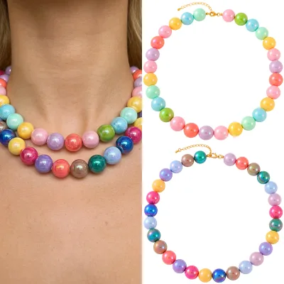 UV Electroplating Iridescent Acrylic Resin Beaded Necklace Handmade Colorful Chameleon Round Ball Choker for Women Y2K Jewelry