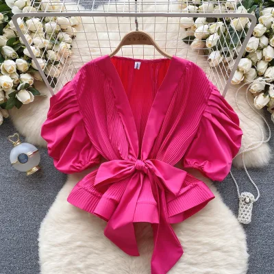 2026 High-End Puff Sleeve Shirt for Women, Waist-Tied, Light Luxury Top