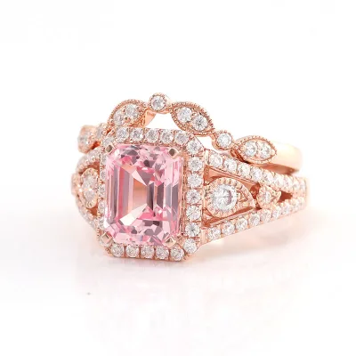 Pink Sapphire Ring Lab Sapphire Engagement Wedding Ring Delicate Gemstone Bridal Jewelry Birthstone Pastel pink Diamond Ring Set