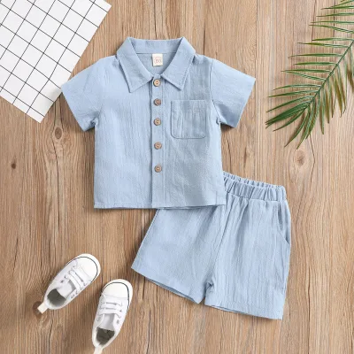 Hot Selling Customized Polo Shirt Set Solid Style Casual Kids Outfit Short Sleeved Lapel Linen Cotton Shirt And Short Baby Boys